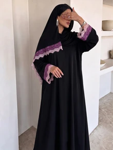 Yasmyna Solid Color Round Neck Contrast Lace Cuff Long Sleeve Maxi Abaya & Hijab 2pcs Set - Black - View 3