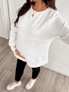 SHEIN Maternity Solid Color Nursing Function Casual Daily Long Sleeve Sweatshirt Winter - White - View 3