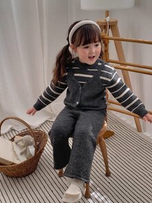 DAZY Infant Girl Round Neck 2 In 1 Korean Style Striped Long Sleeve Sweater Set - Grey - View 9