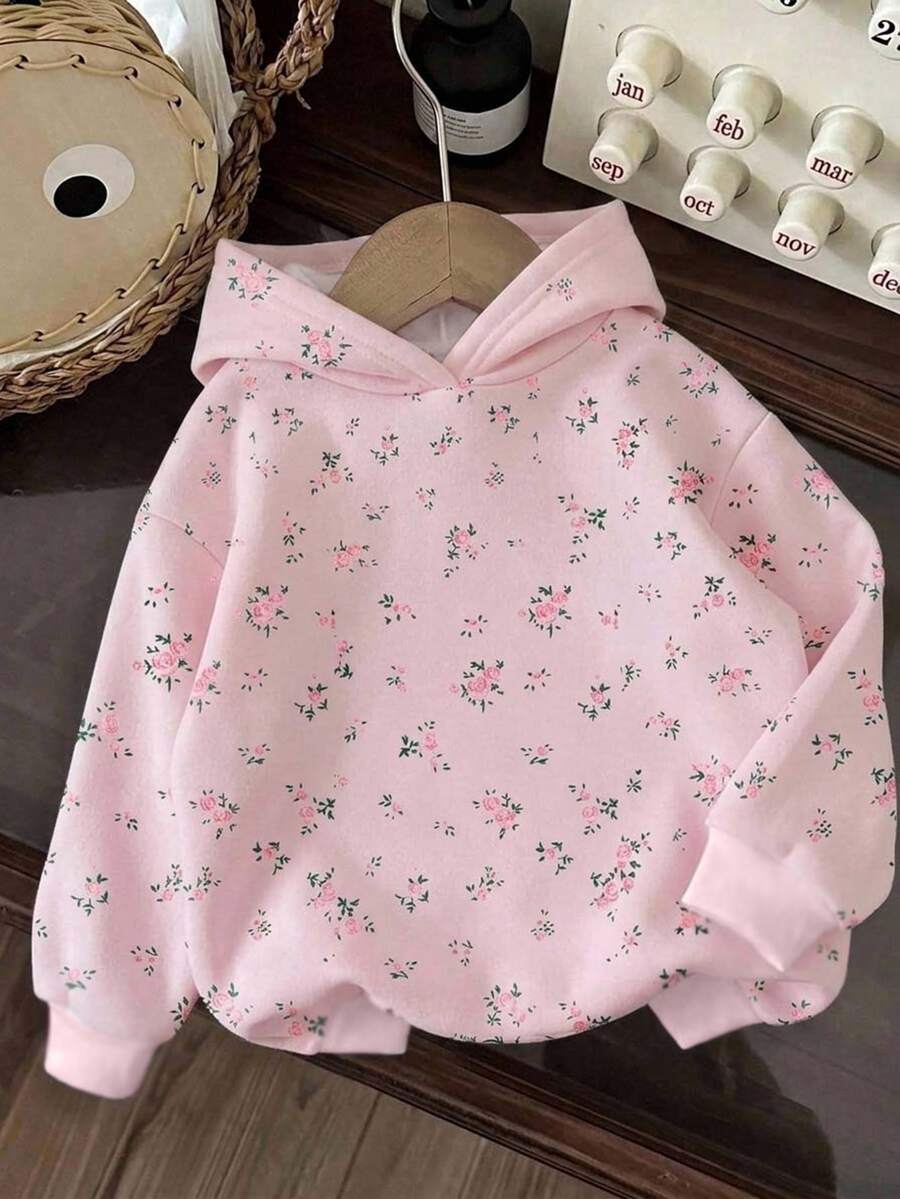SHEIN EZwear 女士碎花清新浪漫優雅印花連帽衛衣,適合秋冬季節、街頭風、家居服、時尚風格、Y2K風格 - 彩色 - 查看 1