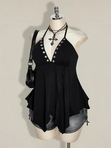 SHEIN ICON Plus Size Y2K Eyelet Decor Halter Neck Black Knit Sexy Top - Black - View 4