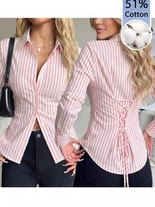 SHEIN EZwear 100%純棉粉色女款休閒百搭修身長袖襯衫，前扣鈕扣、後腰繫帶，適合四季穿著，學院風返校校園穿搭社團服飾，青春休閒風，商務女性辦公室低調老錢風優雅高端通勤機場造型 - 淺粉色 - 查看 9