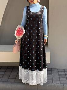SHEIN CURVE+ Plus Size Women's Solid Color Long Sleeve Top And Lace Patchwork Polka Dot Dress Fashion Set Fall - Multicolor - View 1