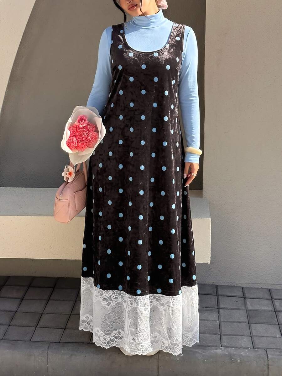 SHEIN CURVE+ Plus Size Women's Solid Color Long Sleeve Top And Lace Patchwork Polka Dot Dress Fashion Set Fall - Multicolor - View 1
