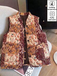 SHEIN Clasi 女款全印花休閒百搭棉填充背心外套 - 彩色 - 查看 1