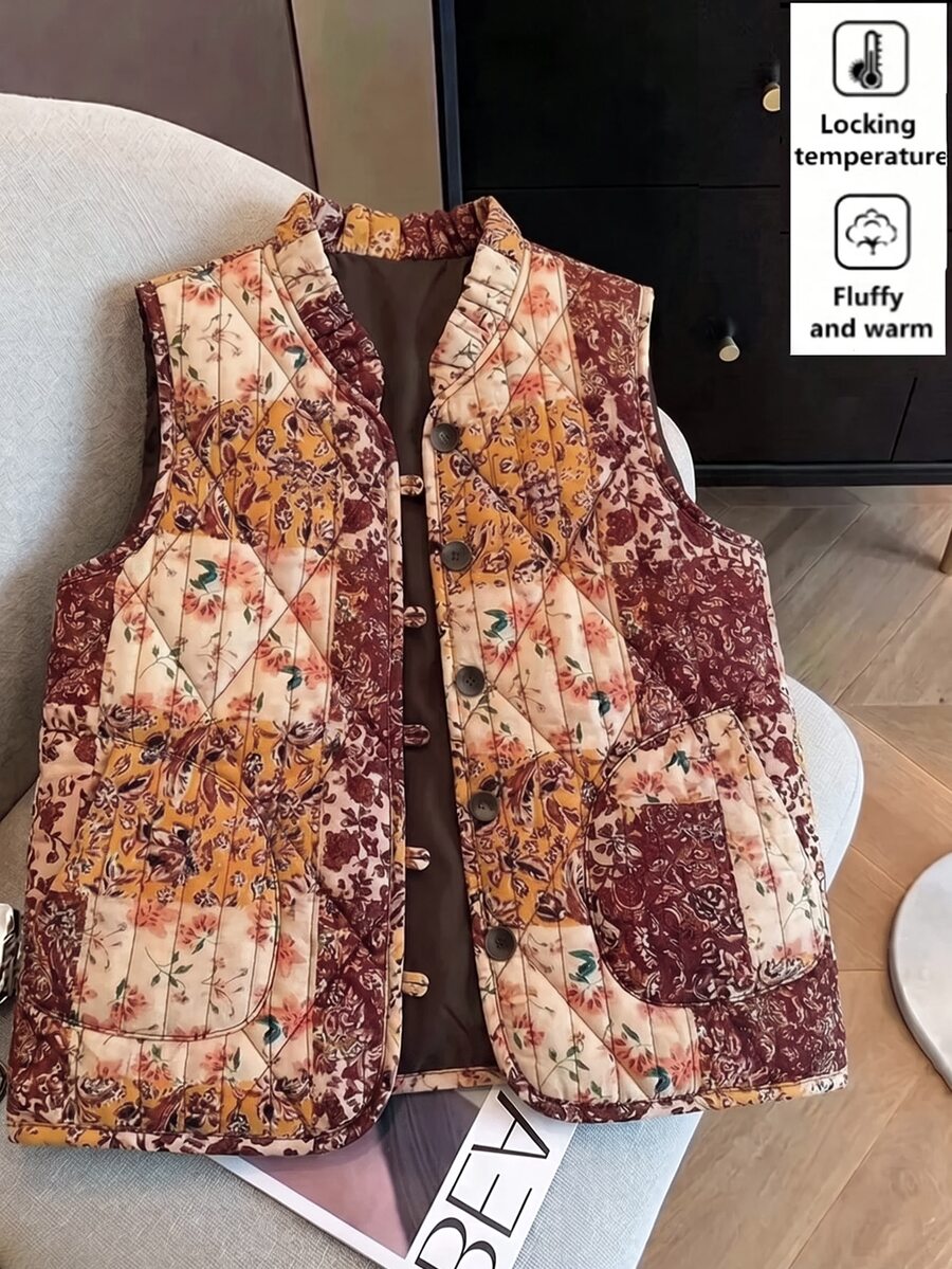 SHEIN Clasi 女款全印花休閒百搭棉填充背心外套 - 彩色 - 查看 1