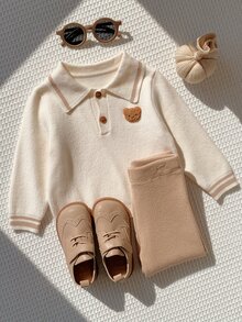SHEIN 中性嬰兒男孩/女孩幼兒 2件組秋冬加厚抓絨針織毛衣套裝，嬰兒針織套裝，嬰兒毛衣，嬰兒套裝，聖誕節 - 卡其色 - 查看 3