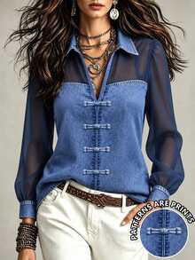 EMERY ROSE Women's Daily Blue Denim Effect Print Patchwork Chiffon Collared Lantern Sleeve Long Sleeve Sheer Casual Blouse, Suitable For Spring And Autumn Daily Wear, Shopping, Dating And Commuting, Also An Ideal Choice For Back To School Season, Versatile Style Shirt - Blue - View 1