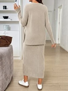 SHEIN 孕婦純色圓領長袖T恤與可調節腰圍裙子哺乳兩件套 - 杏色 - 查看 2