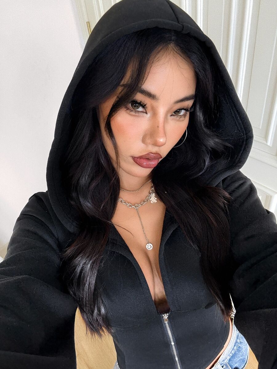 Coolane Street Punk Casual V-Neck Waist-Cinching Zipper Hooded Sweatshirt For Women Suitable For Autumn/Winter - Black - View 1