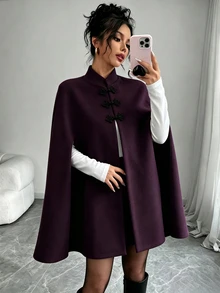 Selianne 女款披風大衣 A字版型 立領 三枚盤扣 側開衩袖口 優雅深紫色 女裝萬聖節服裝 - 紫色 - 查看 6