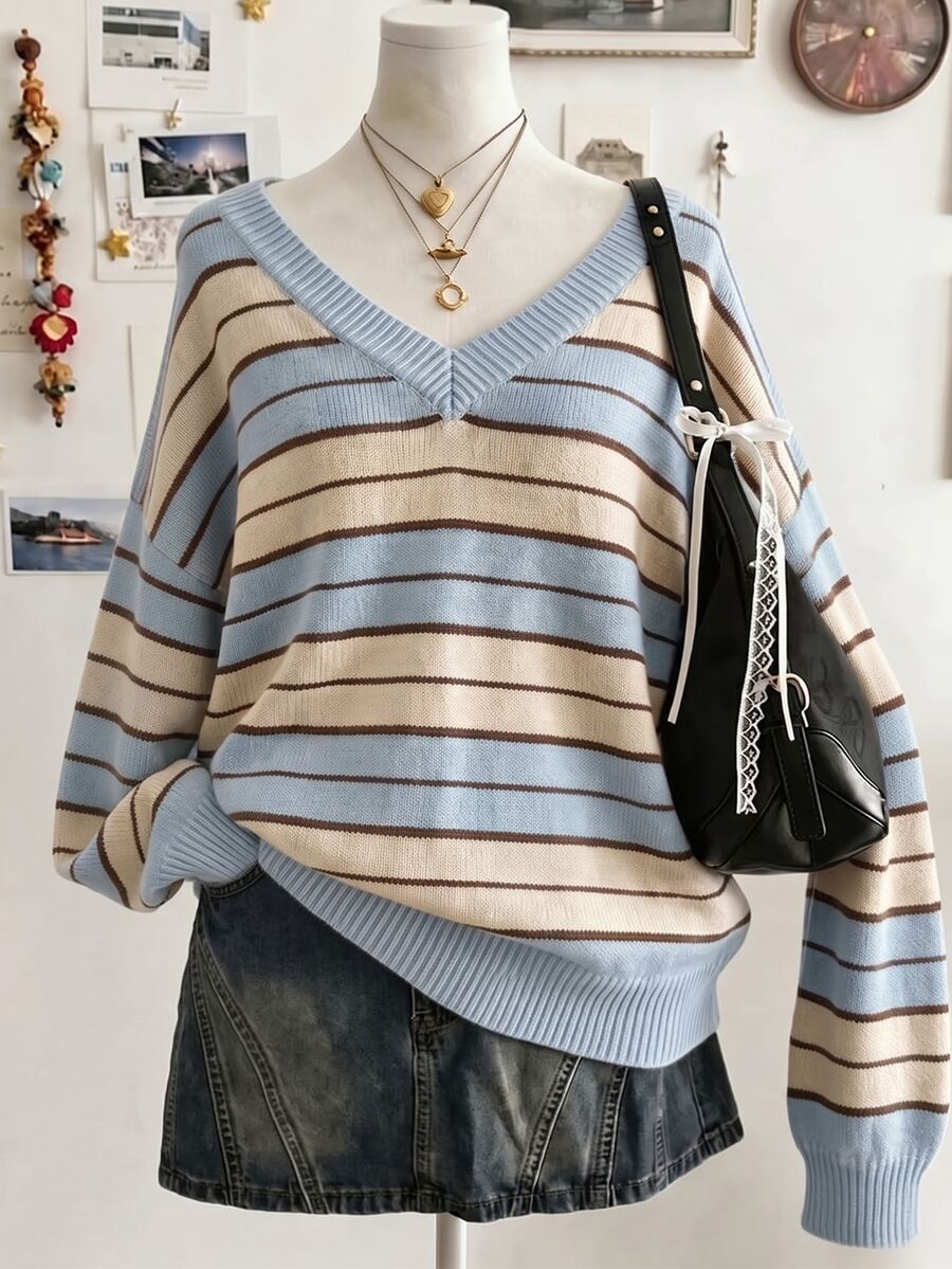 Lalippa 女款條紋拼色長袖寬鬆毛衣 - 灰色 - 查看 1