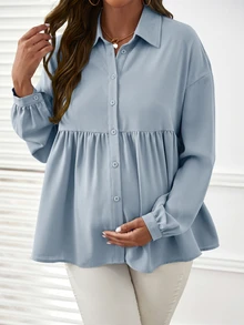 SHEIN Maternity Solid Color Pleated Casual Daily Long Sleeve Blouse - Dusty Blue - View 2