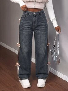 SHEIN MOD Plus Size Women's Bow Decor Pocket Button Casual Everyday Denim Jeans - Dark Wash - View 4