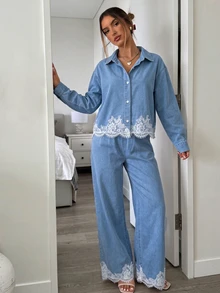 SHEIN MOD Women's Contrast Lace Single-Breasted Shirt And Denim Pants Set - Light Wash - View 1