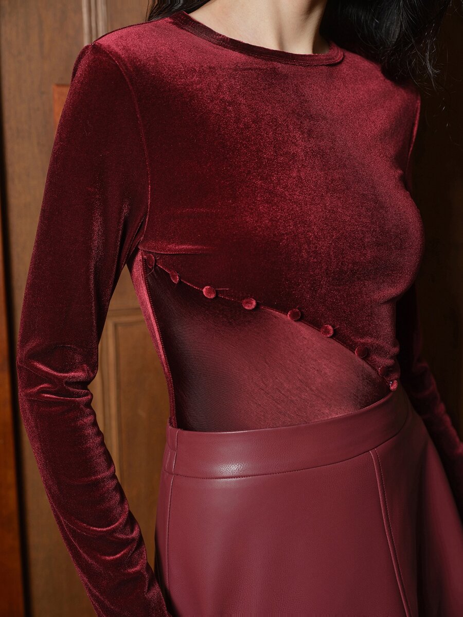 Anewsta Women's Elegant Patchwork Velvet Blouse Autumn New Arrival - Burgundy - View 1