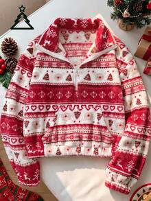 SHEINBlues Sweatshirt Fleece Wanita Terbaru 2026 - Edisi Natal dengan Kantong, Merah - Merah - View 6