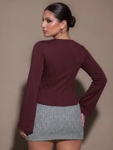 SHEIN BAE CURVE Atasan Kasual Sehari-hari Serbaguna untuk Wanita Ukuran Plus Warna Polos dengan Detail Kerut dan Potongan Pas Badan - Burgundy - View 7