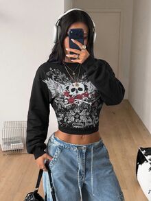 Coolane 女款秋冬休閒哥德風街頭風外出舒適保暖黑色圖案骷髏短版圓領長袖衛衣，萬聖節穿搭 - 黑色 - 查看 4
