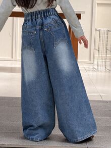 DAZY Tween Girl Wide Leg Loose Casual Denim Jeans With Pockets - Medium Wash - View 6