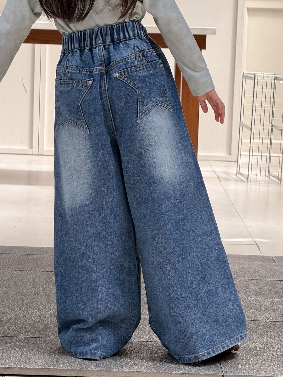 DAZY Tween Girl Wide Leg Loose Casual Denim Jeans With Pockets - Medium Wash - View 1