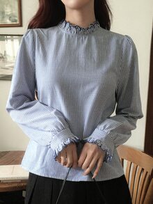 DAZY Striped Loose Pullover Long Sleeve Ruched Ruffle Casual Vacation Korean Style Spring Autumn Blouse For Women - Blue - View 4