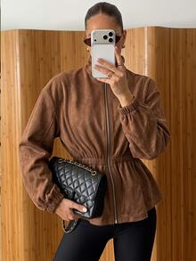 SHEIN SXY Elegant Fitted Long-Sleeved Brown Suede Jacket For Going Out. - Coffee Brown - View 3