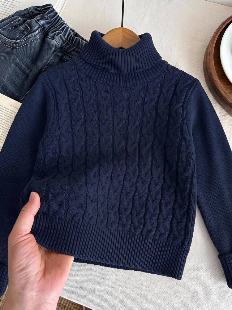 SHEIN Navy Blue High Neck Sweater Kids Tween Boys Casual Retro Jacquard Knit Sweater, Suitable For Fall/Winter, School, Family Gathering, Vacation, Party, FallOutfit, WinterOutfit, Boys Outfit Kids - Navy Blue - View 1