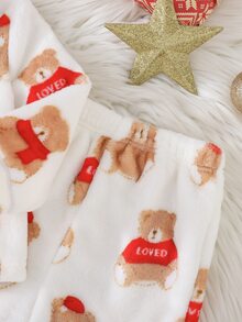 Cozy Pixies 男嬰休閒舒適可愛毛絨加厚熊圖案長袖上衣與長褲居家服套裝 - 彩色 - 查看 5