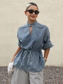 Livesso Tall Women's Pleated Casual Versatile Daily Denim Top - Light Wash - View 6