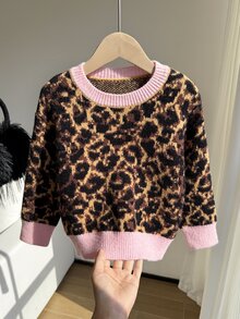 (女童) 粉色豹紋提花圓領套頭長袖毛衣，適合春季、秋季、冬季，可搭配牛仔褲、夾克、棉襖 - 彩色 - 查看 1