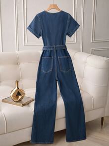 GlowEve CURVE Plus Size Button Lapel Pocket Denim Overalls - Medium Wash - View 3