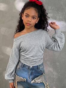 Tween Girls Grey Sweatshirt, Long Sleeve Pullover, Ruched Waist, Casual Fall Winter Crop Top Hoodie - Grey - View 5