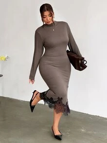 Firerie Plus Size French Lace Patchwork Waist-Cinching Dress - Brown - View 1