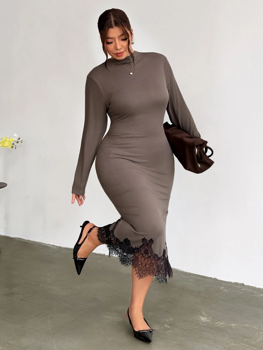 Firerie Plus Size French Lace Patchwork Waist-Cinching Dress - Brown - View 1