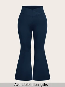 SHEIN PETITE CURVE 大尺碼小個女款高腰交叉設計喇叭褲，適合穿著 - 寶藍色 - 查看 1