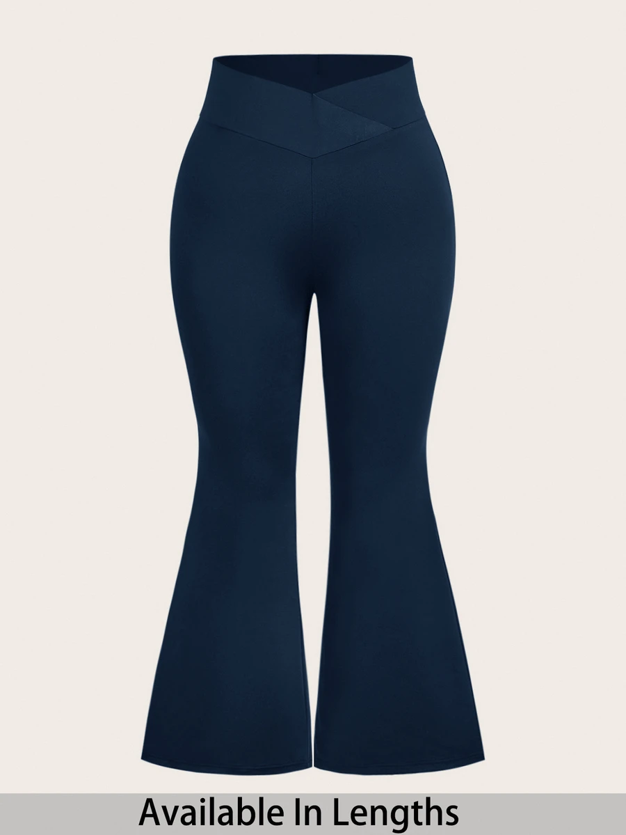 SHEIN PETITE CURVE 大尺碼小個女款高腰交叉設計喇叭褲,適合穿著 - 寶藍色 - 查看 1