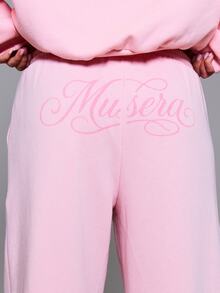 MUSERA 鉚釘穿孔彈性抽繩腰寬鬆直筒慢跑褲 秋冬日常返校穿搭 粉色 Pony - 淺粉色 - 查看 5