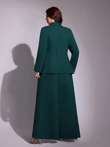Viva Relle Plus Size French Style Casual Cinched Waist Ribbon Blazer & High Waist Straight Leg Trousers Set - Dark Green - View 6
