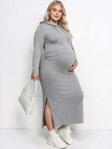 Plussiva 大尺碼孕婦純色長袖側開衩抽繩連帽洋裝 秋季 - 巧克力棕 - 查看 1