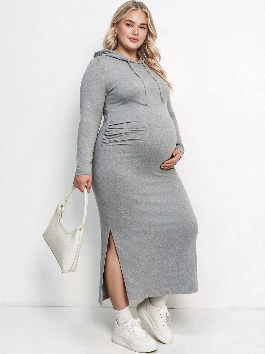 Plussiva 大尺碼孕婦純色長袖側開衩抽繩連帽洋裝 秋季 - 巧克力棕 - 查看 1
