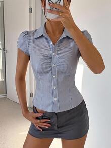Siren Gaze 女款 51% 棉條紋前扣襯衫－藍色/白色或白色/銀色，透氣夏季款 - 藍白色 - 查看 5