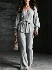 Linhara CURVE Plus Size Minimalist V-Neck Long Sleeve Top And Pants Elegant Set Fall - Light Grey - View 1