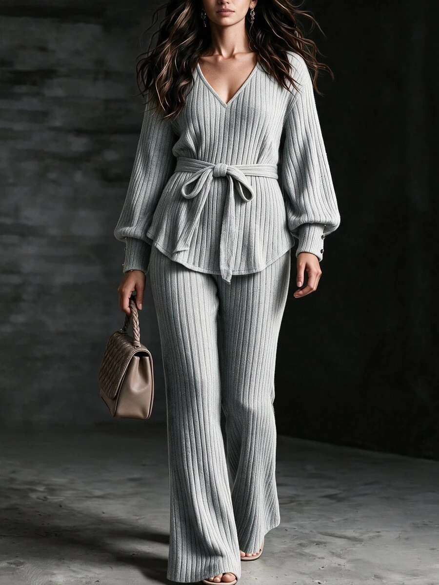 Linhara CURVE Plus Size Minimalist V-Neck Long Sleeve Top And Pants Elegant Set Fall - Light Grey - View 1