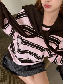 K-Vae 女款條紋拼接長袖上衣與水手領裝飾休閒日常兩件套 - 彩色 - 查看 5