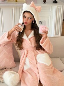 SweetSlumber Women's Colorblock Hooded Bow Long Plush Robe - Pink - View 6