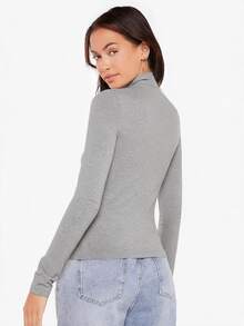 SHEIN BASICS 女款高領長袖羅紋針織修身T恤上衣，黑色 - 淺灰色 - 查看 2