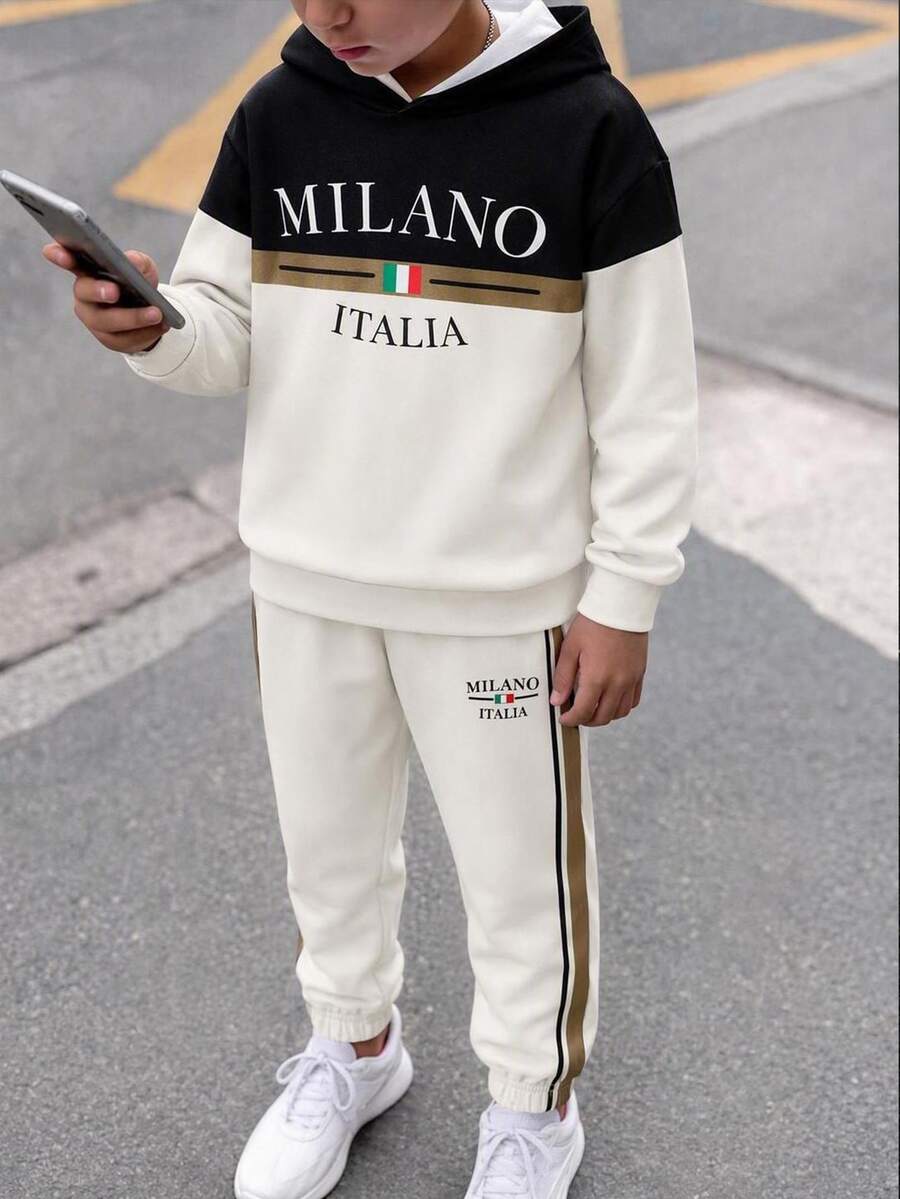 Kids 2pcs Tween Boys Casual Letter Print Color-Blocked Hoodie And Sweatpants Suitable For The Fall Back-To-School Season - Multicolor - View 1