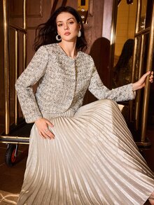 MOTF PREMIUM WOMEN'S PLEATED METALLIC COATED FASHIONABLE CEREMONIAL SKIRT, AUTUMN/WINTER - Silver - View 3
