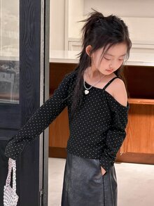 DAZY Tween Girl Polka Dot Print Asymmetric Collar Long Sleeve T-Shirt - Black - View 7